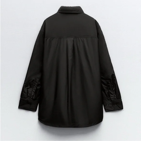 Zara Black Water Repellent Quilted Overshirt shirt Jacket button closure NWT - Picture 8 of 16